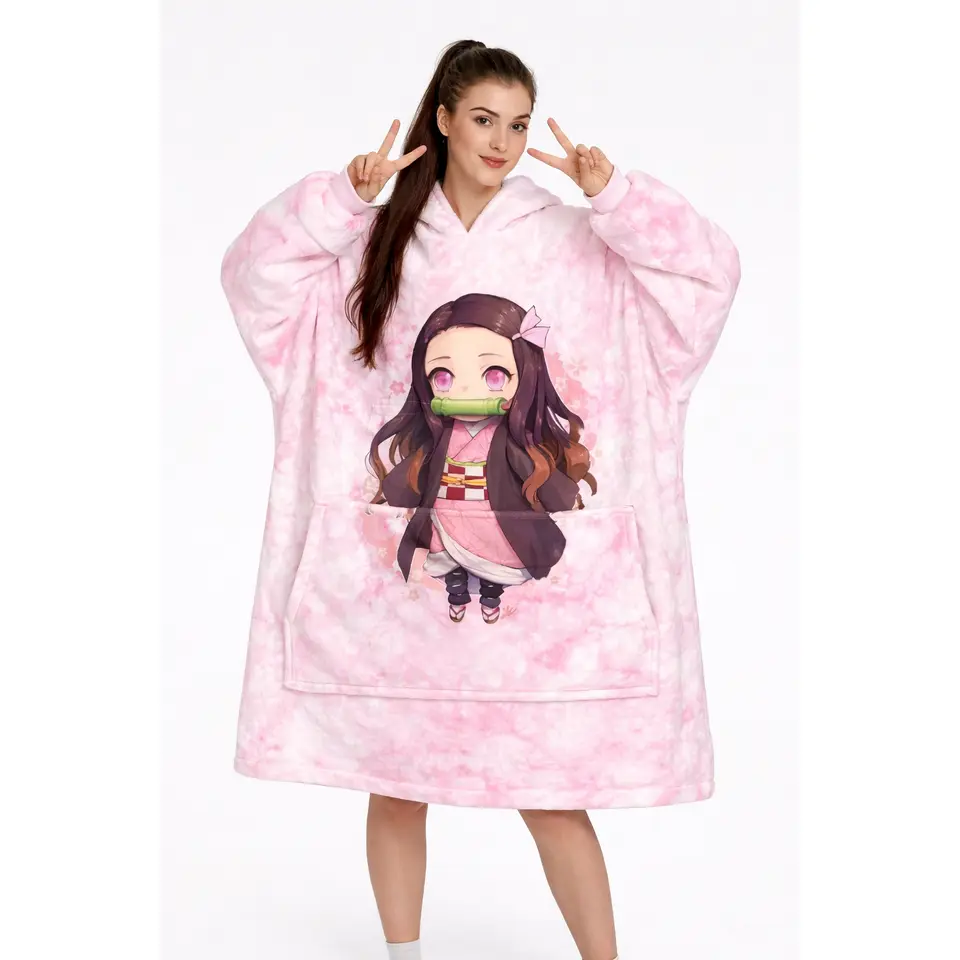 Women's Casual Nazuko Demon Girl Inspired Oversized Plush Fleece Hoodie Blanket, Ultra-Soft Wearable Design with Kangaroo Pocket