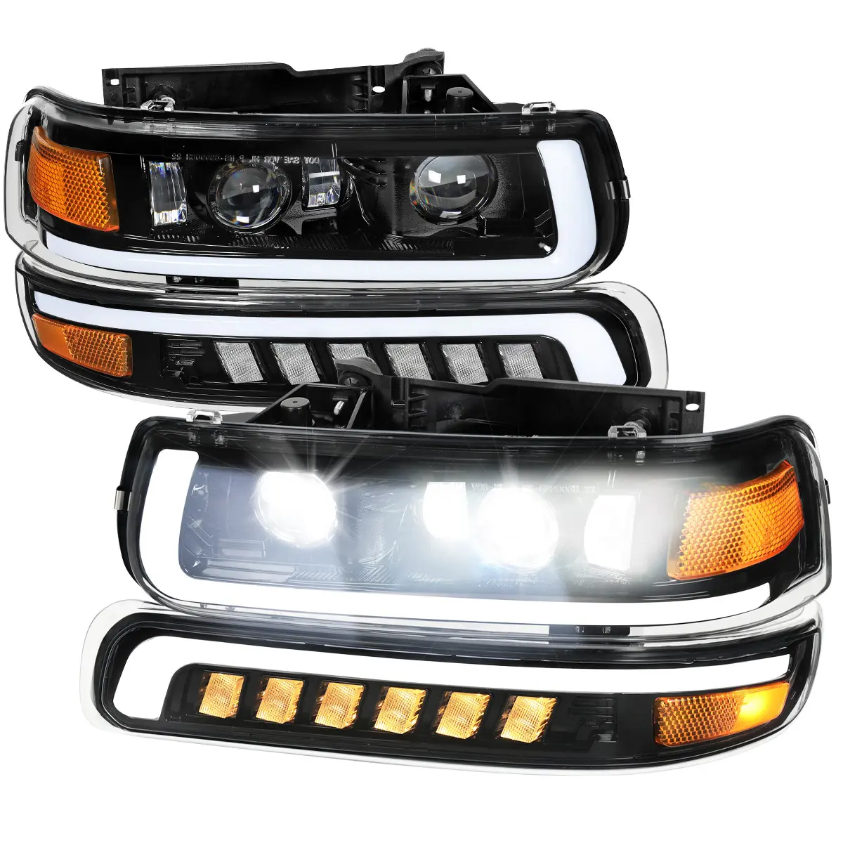 SPEC-D TUNING LED Projector DRL Headlight Kit w/ Bumper Lights, Led Front Lights for 1999-2002 Chevrolet Silverado, 2000-2006 Tahoe/Suburban, Aftermarket Polycarbonate Upgraded Lighting Assemblies & Components (Jet Black Housing/Clear Lens)