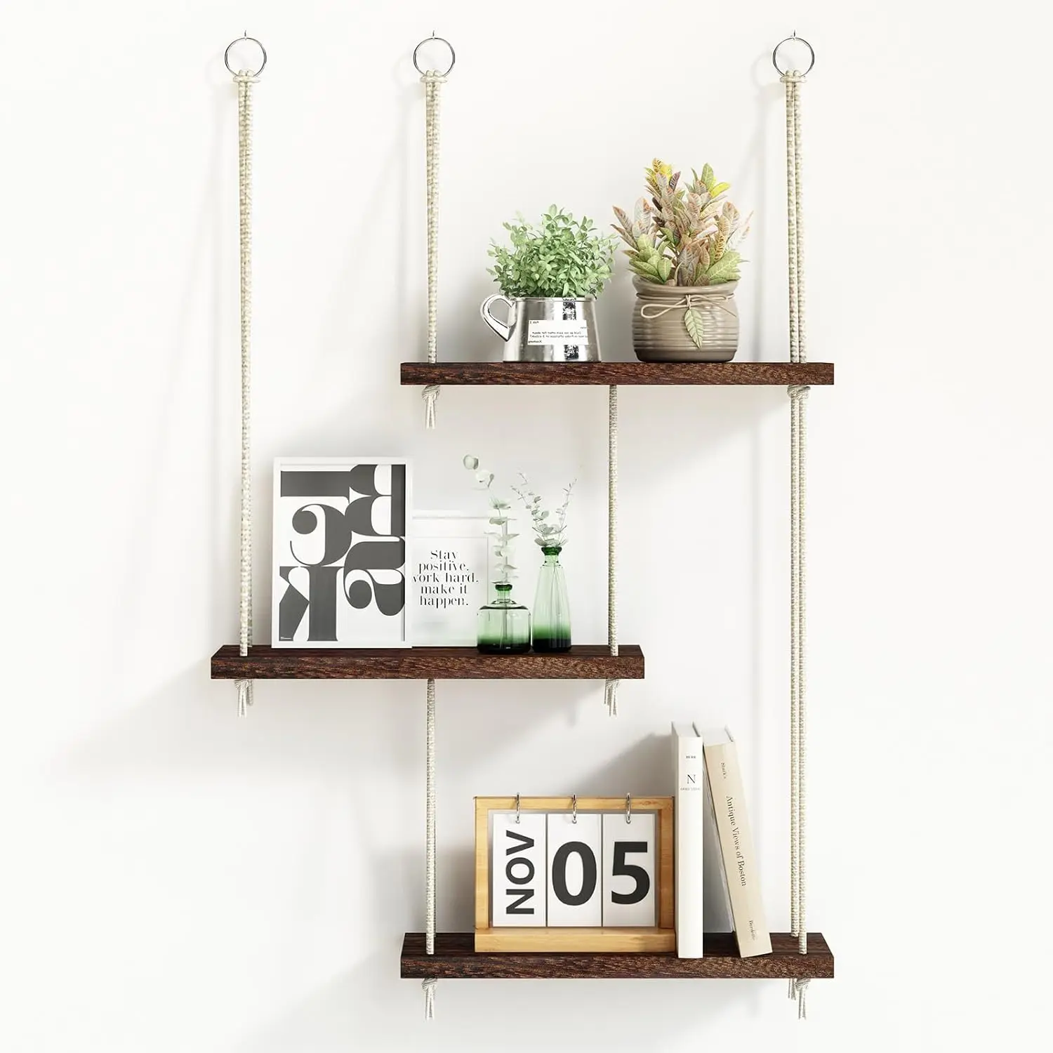 Hanging Shelves for Wall, 3 Tier Boho Wall Decor Hanging Plant Shelf Floating Shelves Wall Mounted Shelf Rope Rustic Wood Organizer Storage Hanger Rack for Aesthetic Home Bedroom Kitchen Bathroom - Dark Brown Wooden Wall Shelf