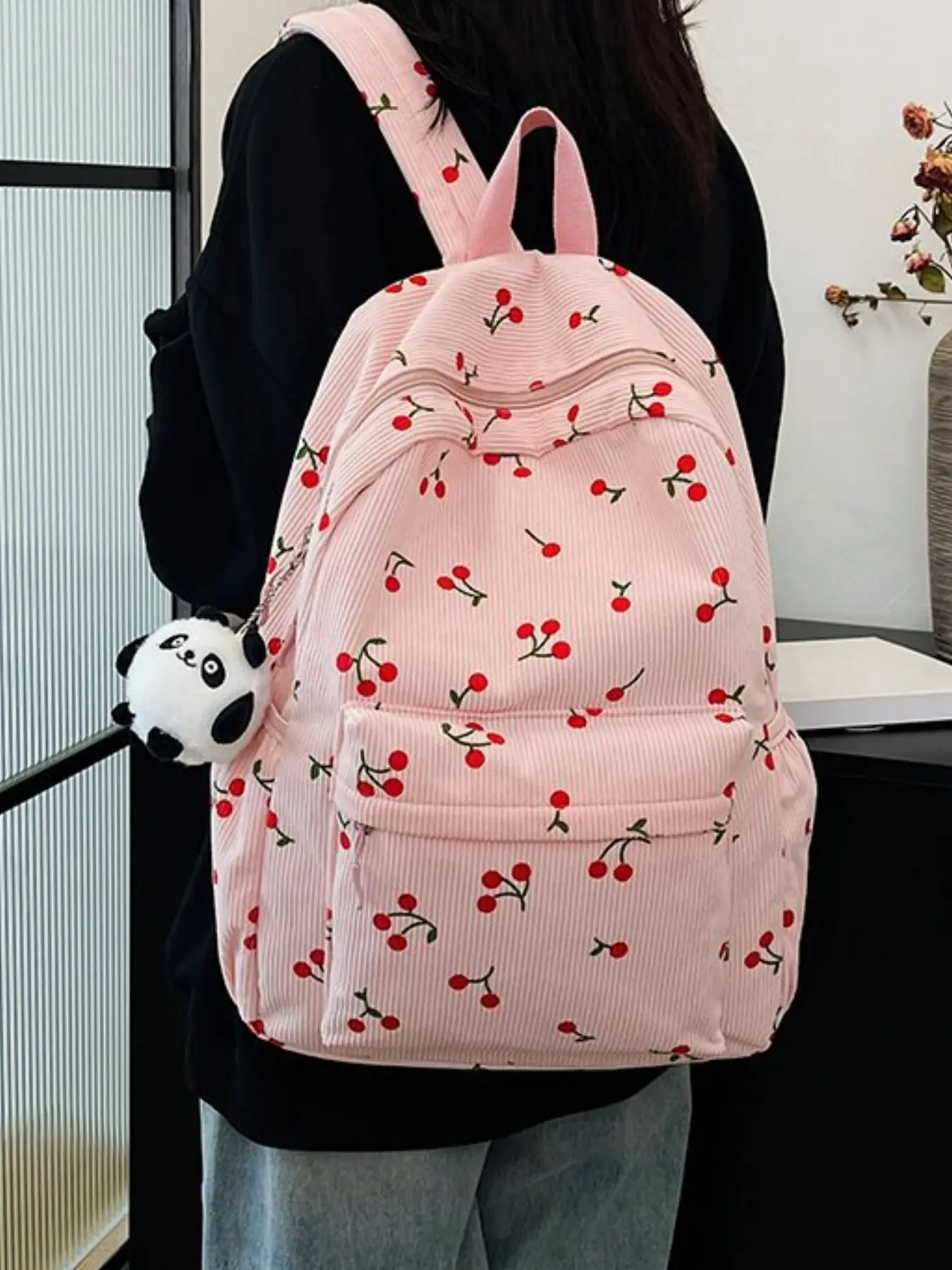 Cherry Print Corduroy Backpack Bag, Stylish Travel Shoulder Bag for Autumn Winter, Trendy Casual Daypack for Women & Girls, Cute Versatile Backpack