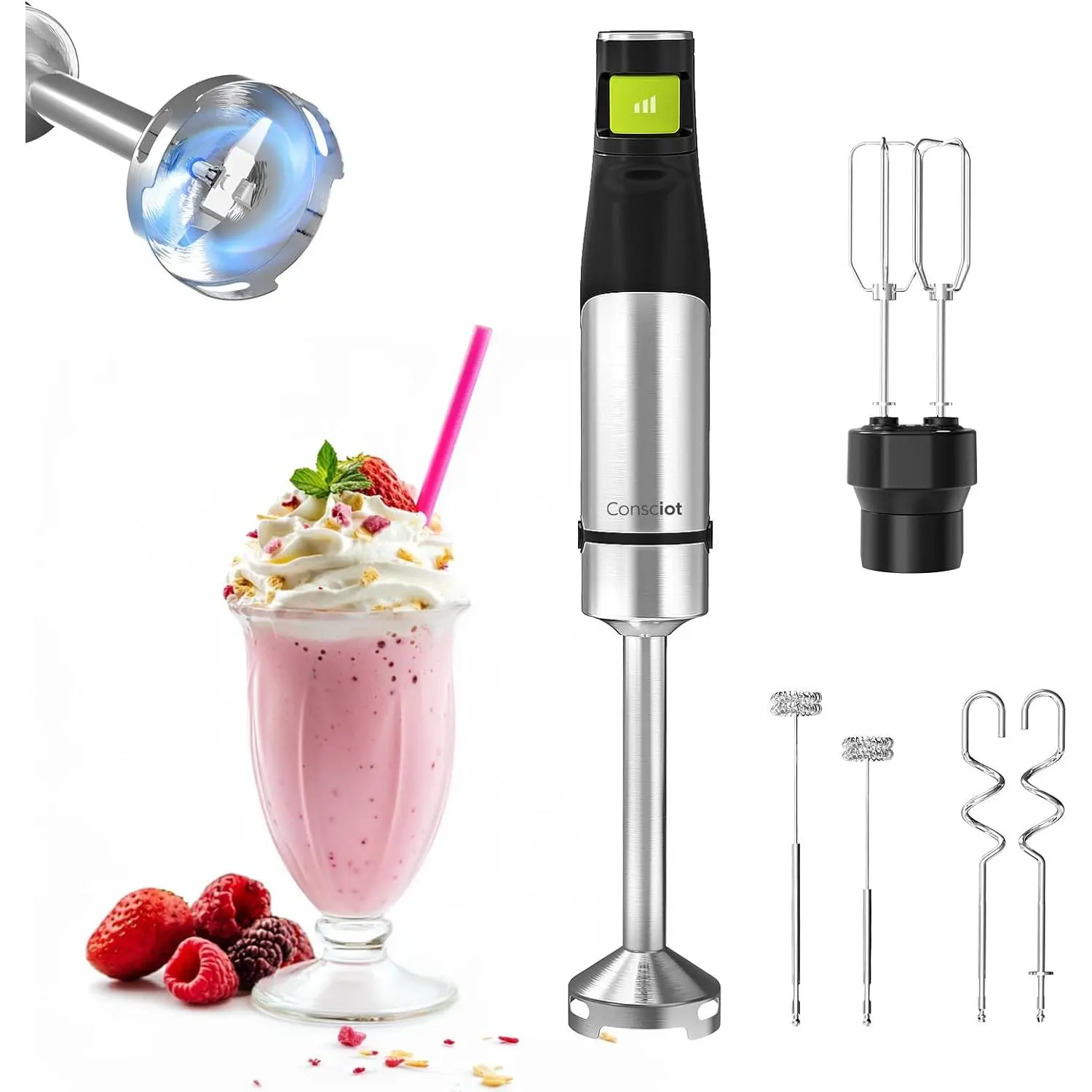 Consciot 4-in-1 Immersion Blender Handheld Max 1100W, Corded Stick Emulsifier with Entire Stainless Steel Blender Shaft, Trigger Speed Control, For Blending, Beating, Frothing, Mixing & More, Non-BPA