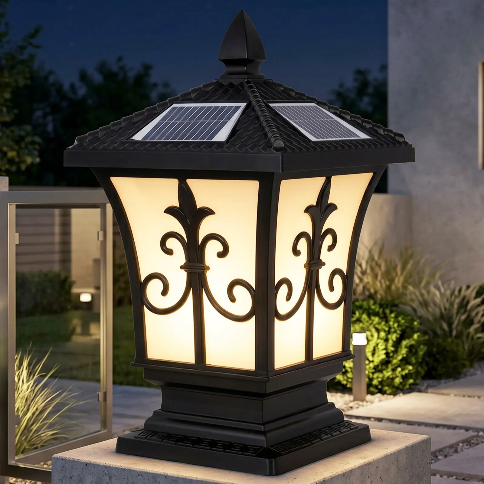 Solar Post Light - 9.8in Outdoor Pillar Lantern, 17.3in Black Fence-Mounted Post Light with Classic Decorative Pattern, IP65 Waterproof, Remote Control 4 Color Modes, Solar & Hardwire Dual Use for Patio Decor, Garden Lighting, Outdoor Lighting Solutions