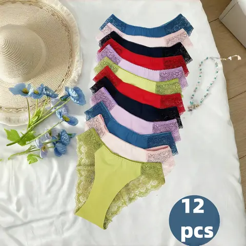 Women's 12pcs Floral Lace Bow Accent Scallop Sheer Bikini Briefs - Soft Comfy, Breathable Panties for Women, Daily Wear, Back-to-School Gift Lingerie