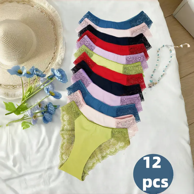 Women's 12pcs Floral Lace Bow Accent Scallop Sheer Bikini Briefs - Soft Comfy, Breathable Panties for Women, Daily Wear, Back-to-School Gift Lingerie