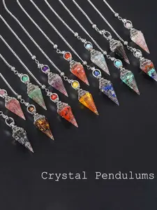 Random 4pcs Set Natural Crystal Pendulum Pendants, Vintage Three Moon Six Cone Rhombus, Yoga Meditation Tuning Fork Pendulums