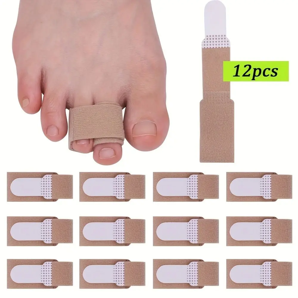Two Sizes of 12-piece Nylon Toe Straightener Bandages - Reusable Toe Splint Protector Wraps for Hammer, Crooked, Overlapping Toes with Double Ring Closure, Hand Wash Only, Pedicure Care Tool