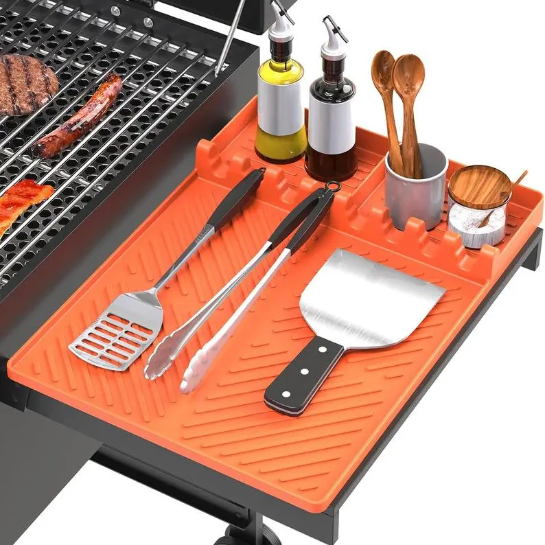 Durable Solid Heat-Resistant Rectangle Silicone Griddle Mat for Blackstone BBQ Grill, 16x11.5in Side Shelf Mat with Drip Pad & 8-Slot Tool Slots, 1-Count Kitchen Grill Accessory, Orange Christmas Gift (No Cooking Utensils Included)