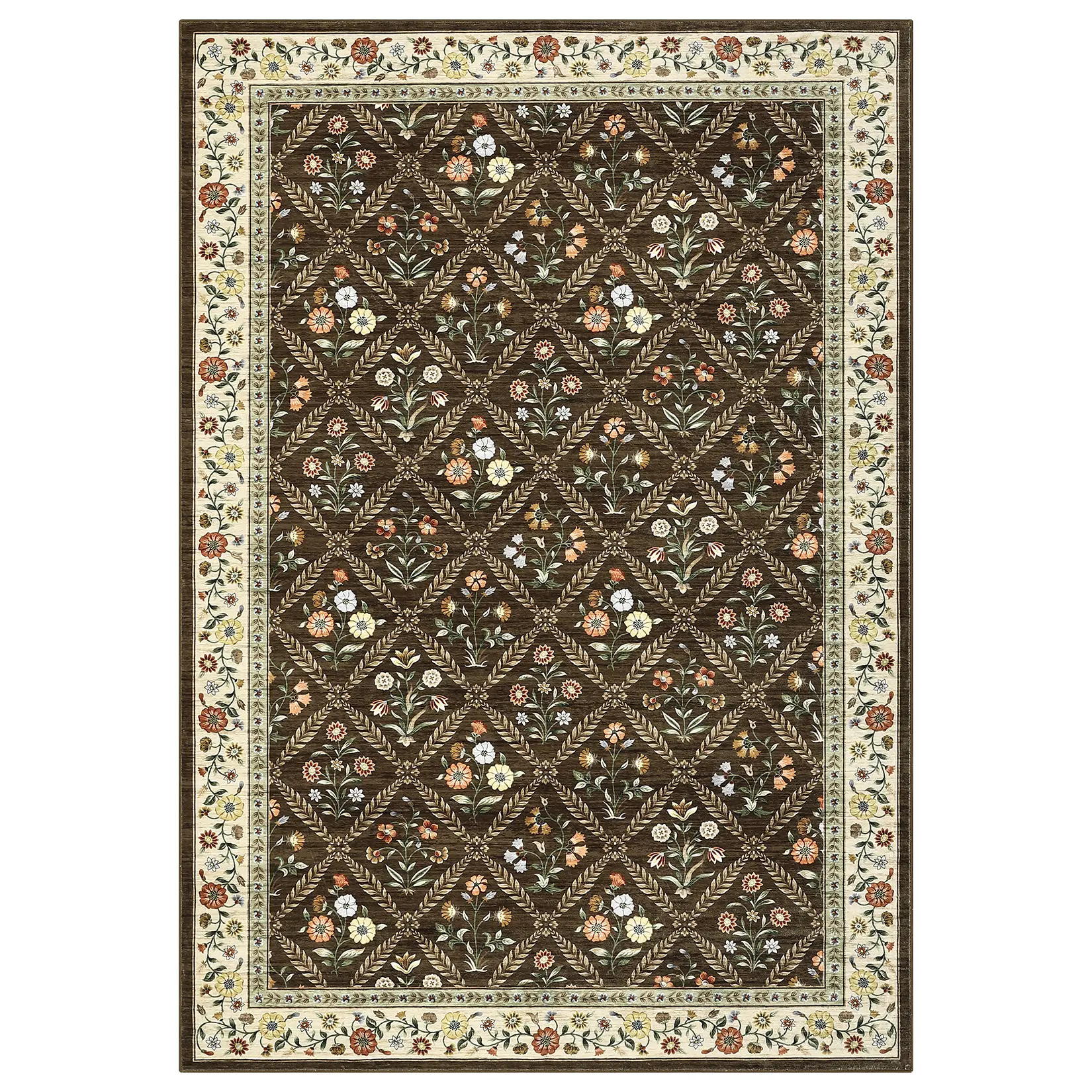 9x12 ft Imitation Cashmere Polyester Brown Flower Pattern Rectangular Cozy Modern Indoor Area Rug, Foldable Machine Washable Decorative Hallway Floor Rug, Modern Floor Rug