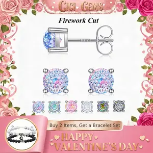 CICI GEMS 1CT Stud Earrings for Women Men S925 Sterling Silver Hypoallergenic Firework & Rose Cut Butterfly Back 18K White Gold Plated Anniversary Birthday Gift Daily Fine Jewelry
