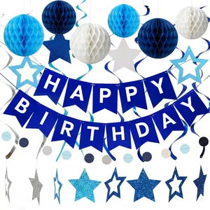 Happy Birthday Decorations, Blue Happy Birthday Banner with Honeycomb Balls, Stars  Swirl Streamers, Circle Dots Garland, Party Decorations for Men Women Boys Girls