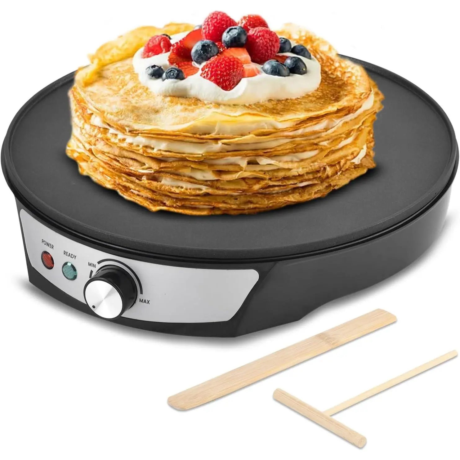 12-inch Stain-Resistant Nonstick Electric Crepe Maker with 12-inch Cooking Surface, Adjustable Intensity Temp Control, LED Indicator Lights, Even Heating, Easy Cleaning, Spreader & Spatula Included, Ideal for Pancakes, Tortillas