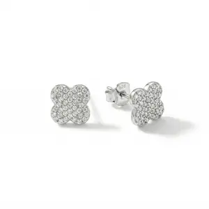 S925 Real Clover Earrings for Her White Zirconia, Stud Earrings, Daily Wear Women