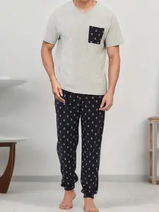 Men's Summer Comfort Sleepwear Set, Geometric Pattern Print Casual Short Sleeve and Long Pants Two-Piece Home Clothing
