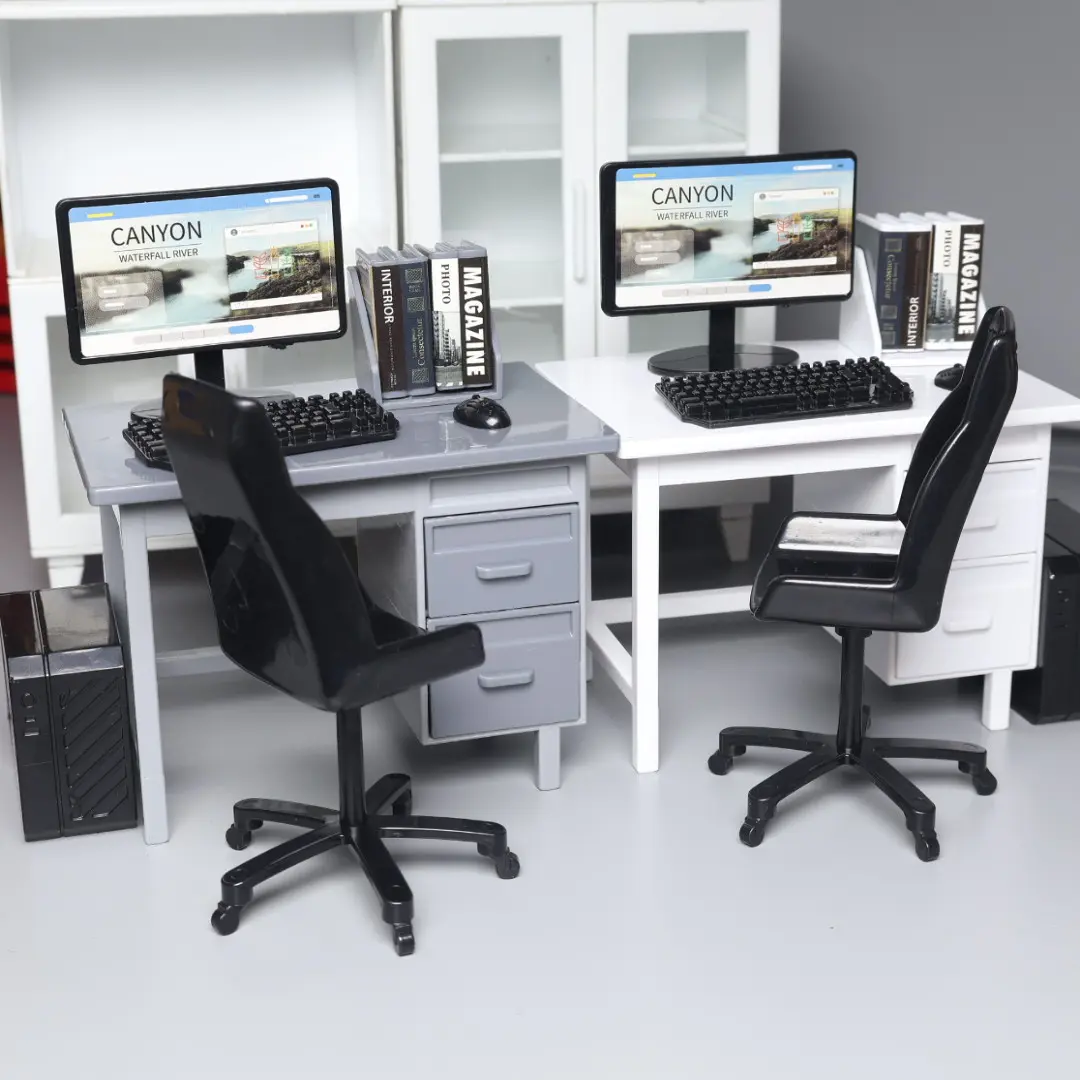 Mini simulated computer desk and chair scene model, suitable for dollhouses, pretend-play desktop decor ornaments. Miniature decoration, office display, tiny office setup, finely detailed miniature model, compact, Miniature Furniture, Doll House Accessory
