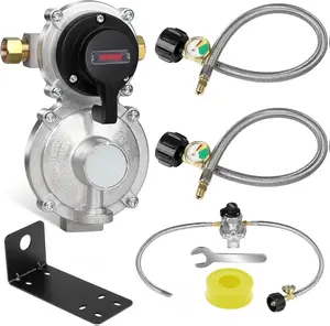 B BRAZIFY 2-Stage Automatic Changeover LP Propane Gas Regulator Propane Hoses with Gauge, Stainless Braided QCC1 1/4" Inverted Male Flare, Ideal for Trailers and Camper RVs Propane Refill Adapter with Gauge Heavy-Duty Propane Refill Adapter