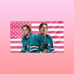 Will Smith & Macklin Celebrini Pink USA Flag | San Jose Hockey Duo Wall Tapestry | Team Smith & Macklin Hot Aesthetic Dorm & Frat Decor hot actor wall art tv show tapestry