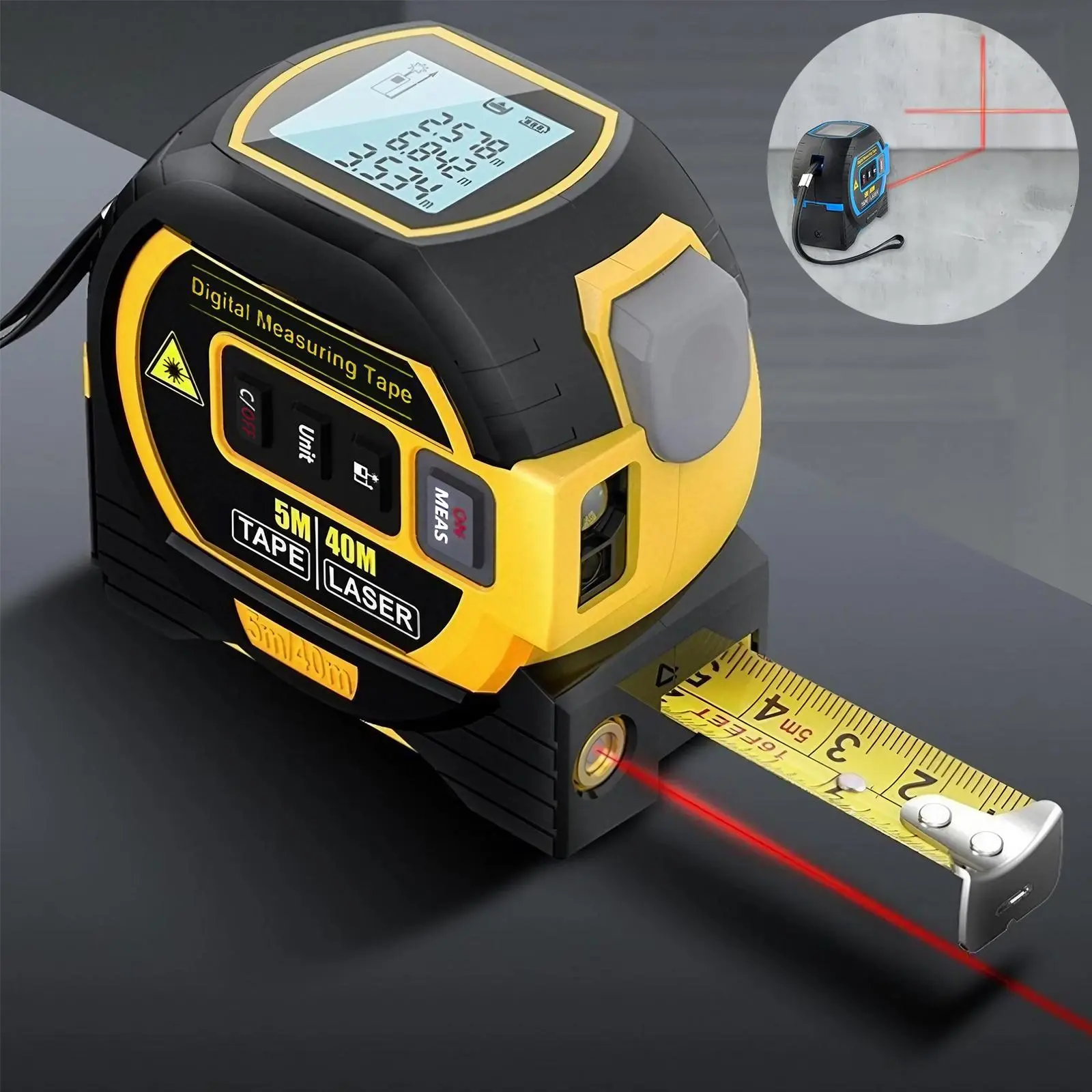 Digital Laser Tape Measure, 131ft/40M Infrared Laser Measuring Tape, 16ft/5M Retractable Electric Tape Measure with Display, Batteries Required (Battery Not Included), Meter, Heavy Duty, Hardware, Tool, Durable Portable Tape Measure