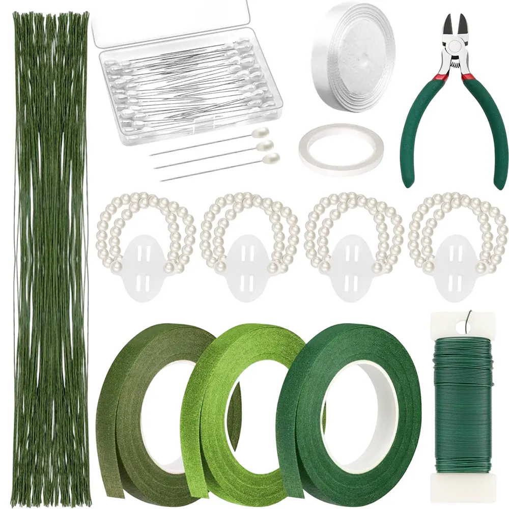 161 PCS Floral Tape and Floral Wire Arrangement Tool Kit with Green Tape, Floral Wire, Boutonniere Flower pin, Cutter, White Ribbon and Elastic Pearl Wrist Corsage Bands for Bouquets campingessentials