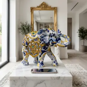 Blue and White Porcelain Elephant Resin Statue, Decorative Figurines, Luxury Gold Accent Home Decor, Ornate Floral Pattern Tabletop Ornament, Living Room Accent Piece, Animal Figurine for Shelf Display, Decorations, Decorative Figures