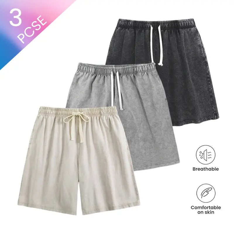 Women's 3-Pack Basic Casual Cotton Sweat Shorts, Vintage Acid Wash, Minimalist Plain Design, Breathable, Elastic Drawstring, Soft Loose Fit, Above Knee, Machine Washable, Lounge & Urban Summer Bottoms, Premium Multipack Beige Bottoms