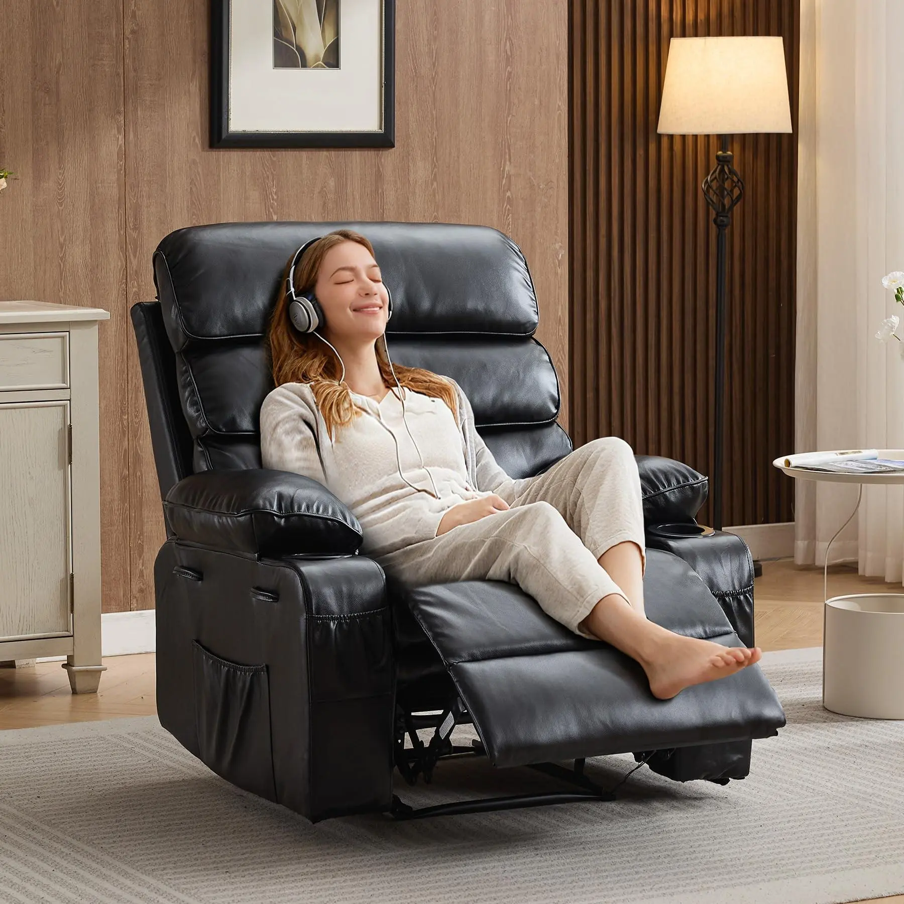 GARVEE Black PU Leather Oversized Recliner Chair for Adults, Extra Wide Manual Recliner with Massage Heat, 1.5X Sponge Comfort Arm & Back for Living Room, Bedroom