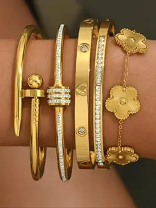 Women's Stainless Steel Bangles Set, Cute Design with Flowers & Rhinestones, All-Season Jewelry Gift for Women, Stackable Bracelets