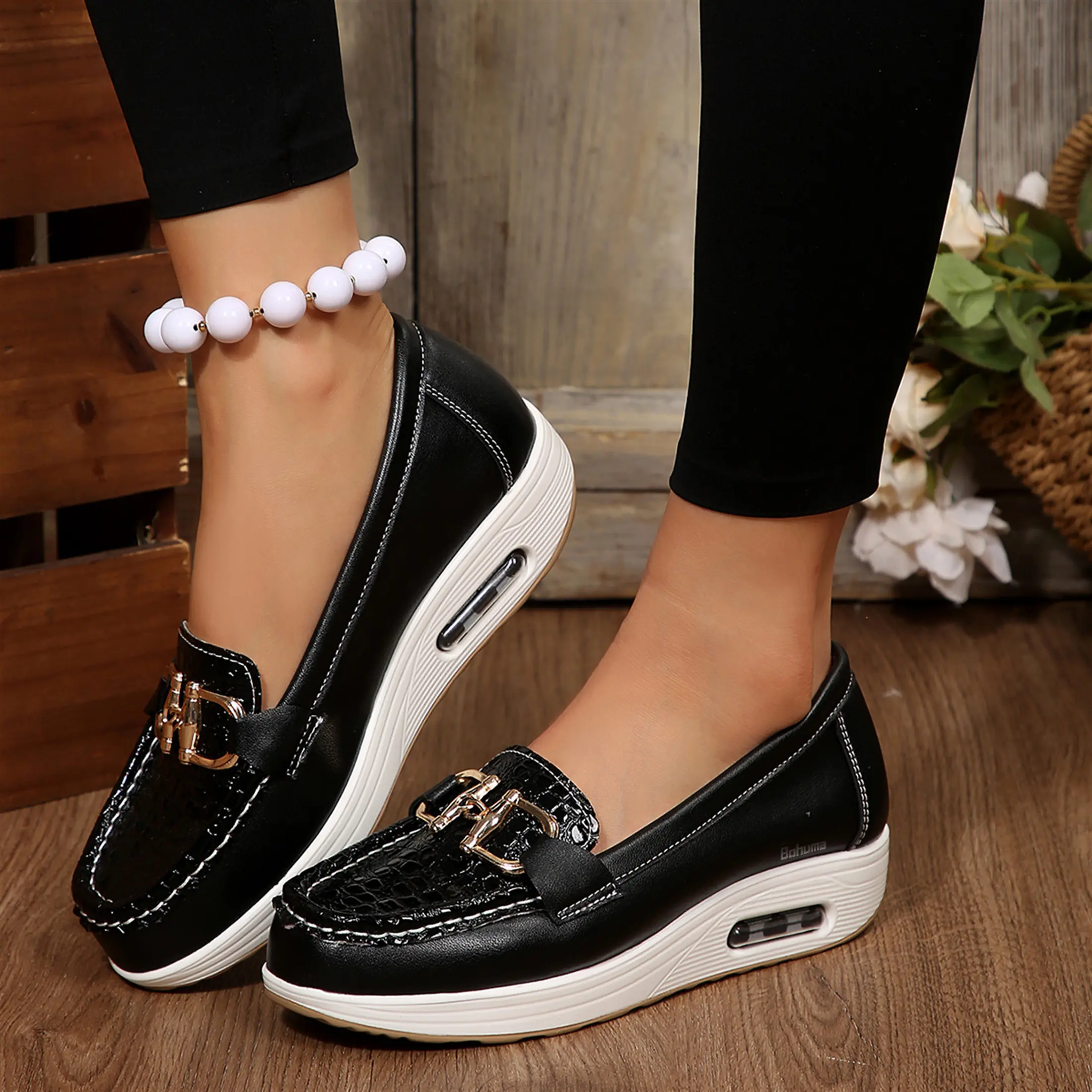Multicolor Women's Platform Loafers Air-Cushion Sole, Embossed Design with Chic Metal Buckle, Versatile Casual Indoor Outdoor Shoes