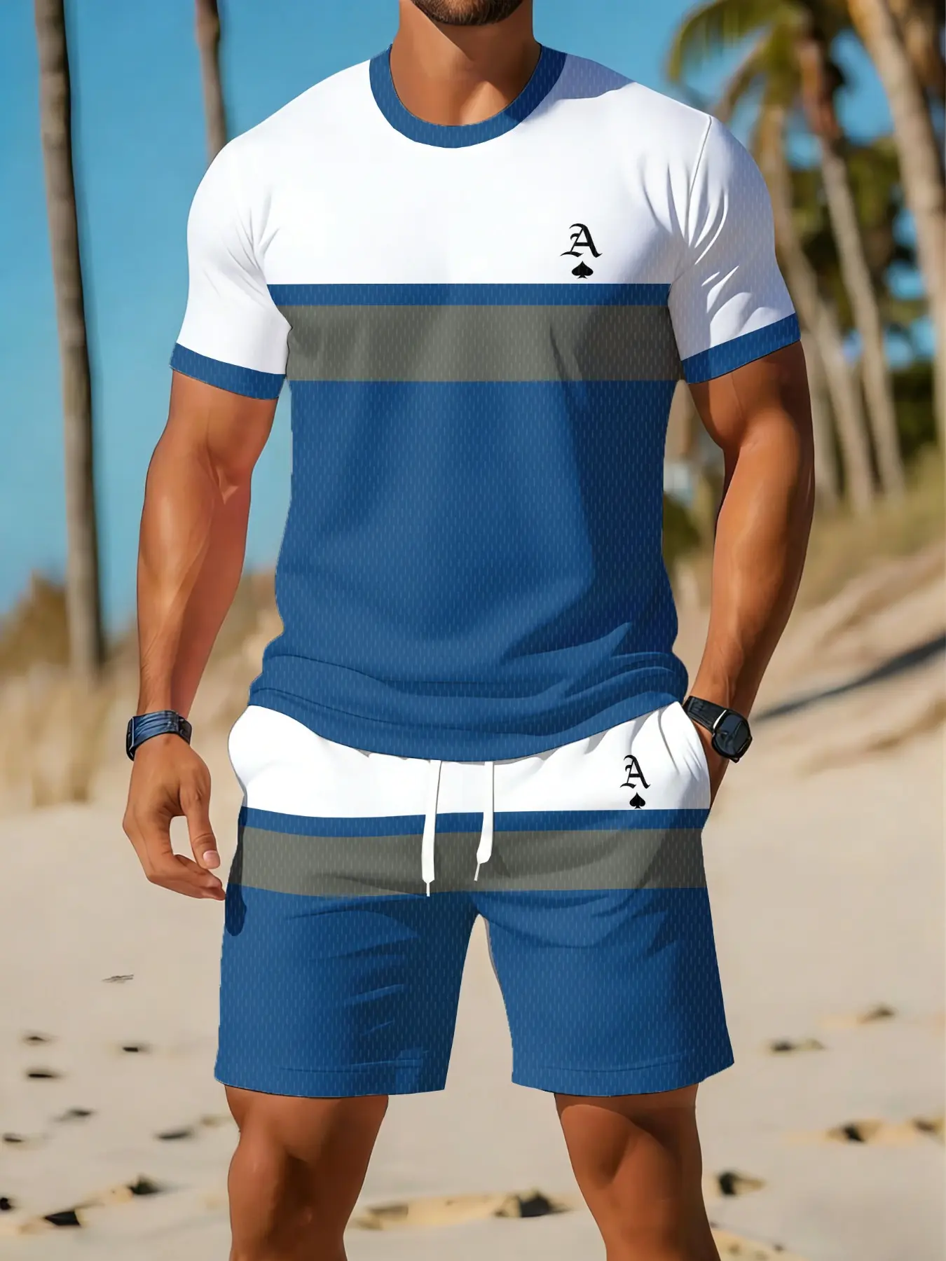 Men's Casual Sport Set, Striped Short Sleeve T-Shirt + Shorts, Beach Breathable Quick-Dry Two-Piece Set, All Seasons, Casual Sporty Design, Contemporary Style, Sportswear Shorts Set