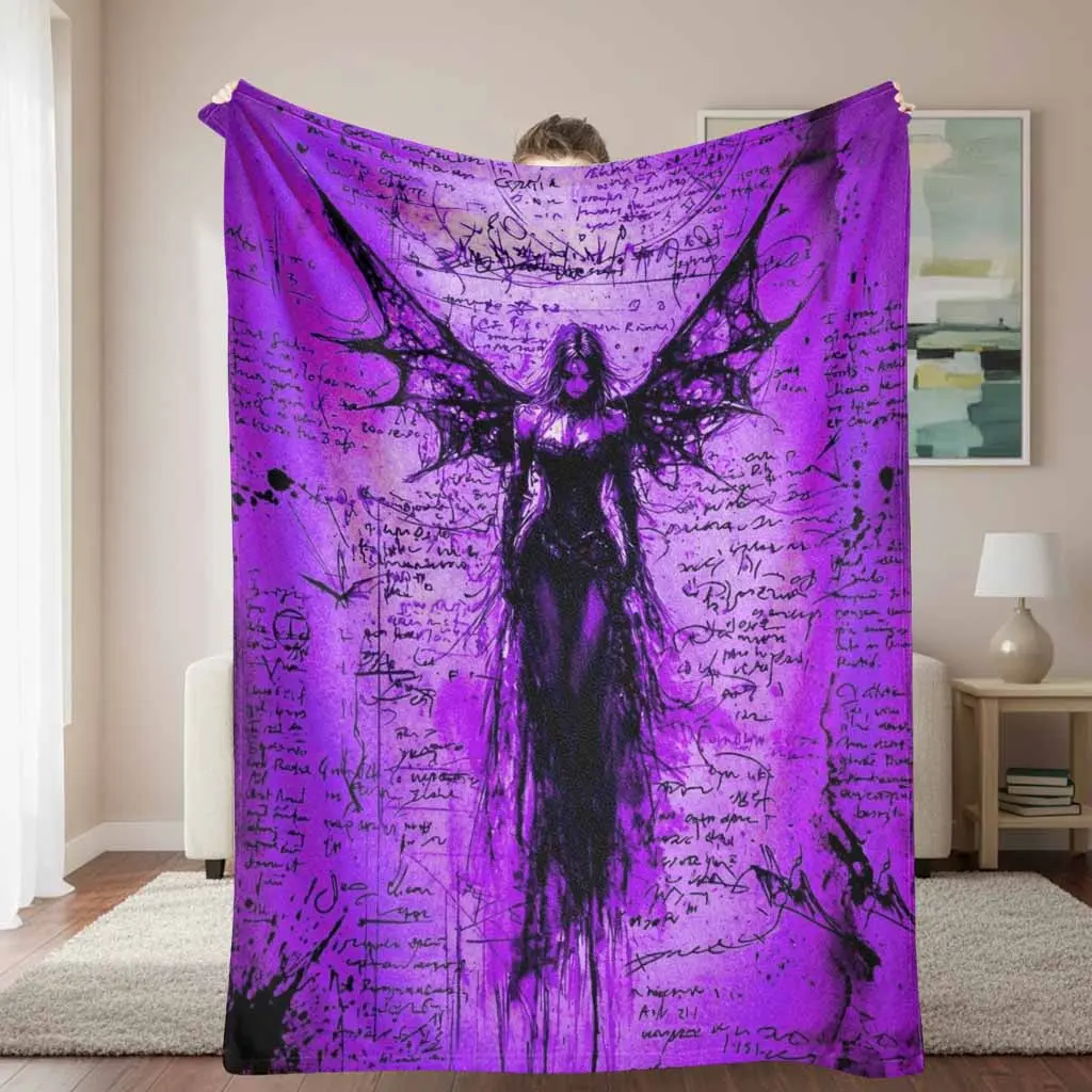 Gothic Angel Flannel Throw Blanket, Dark Fantasy Winged Goddess Print, Wrinkle-Resistant Durable Machine-Washable Ultra-Soft Lightweight Plush Breathable, Goth Halloween Motifs Angel Graphic Blanket for Bedroom Bedding, Artistic Home Gift, Room Decor