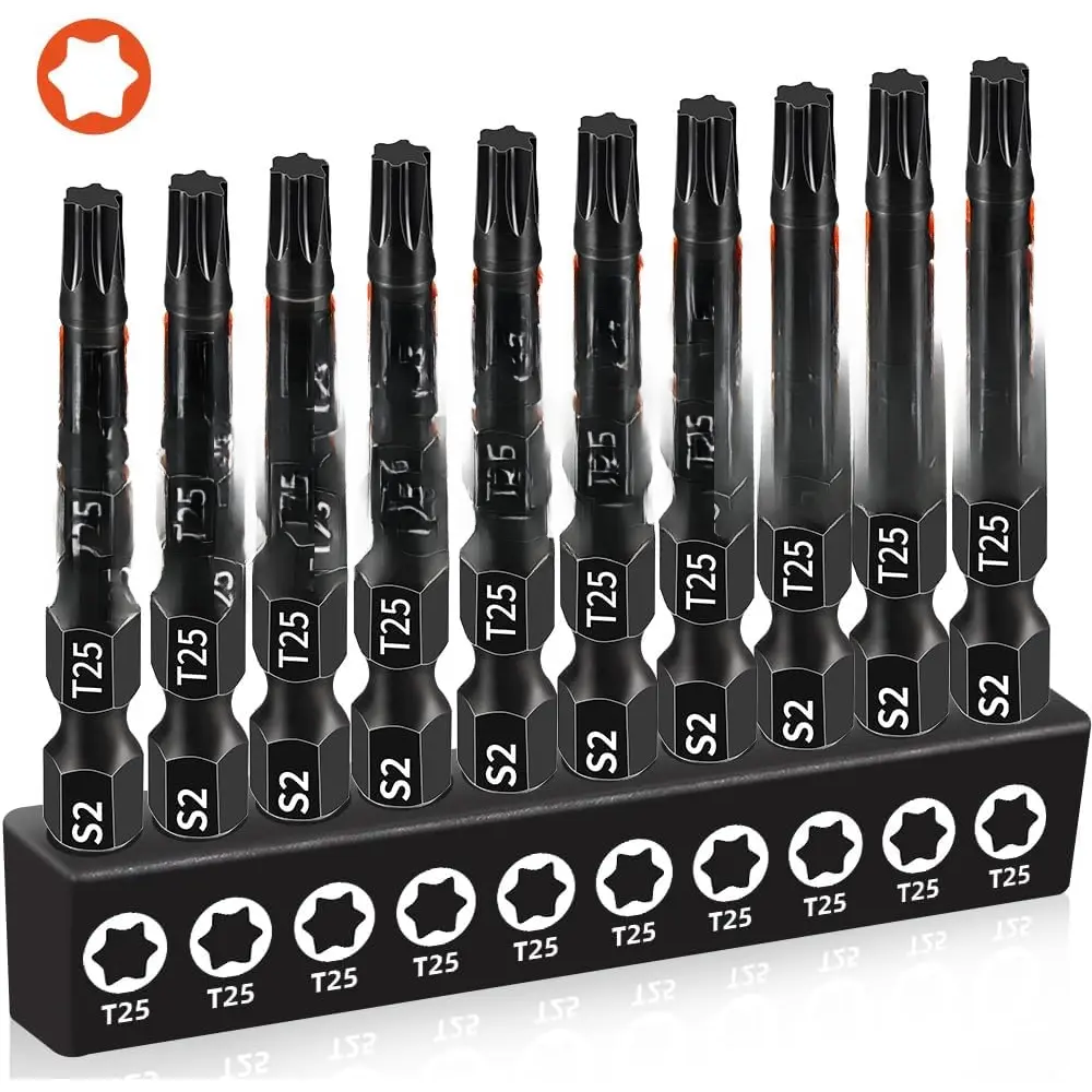 10-Pack T25 Torx Bits for Impact Driver, T-25 Torx/ Bit Set 2'' Long,  Torque ,  S2 Alloy Steel, 1/4'' Hex-Shank for Professional & DIY Use