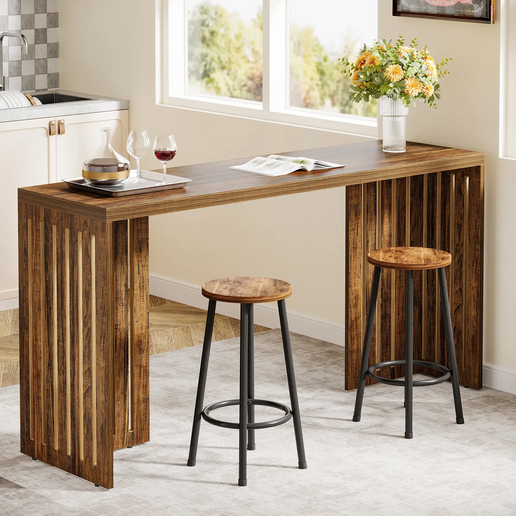LITTLE TREE  Bar Table, 63-Inch Counter Height Pub Table, Industrial Bar Height Table, Rectangular High Top Kitchen & Dining Counter Tables with Louvered Base for Narrow Space