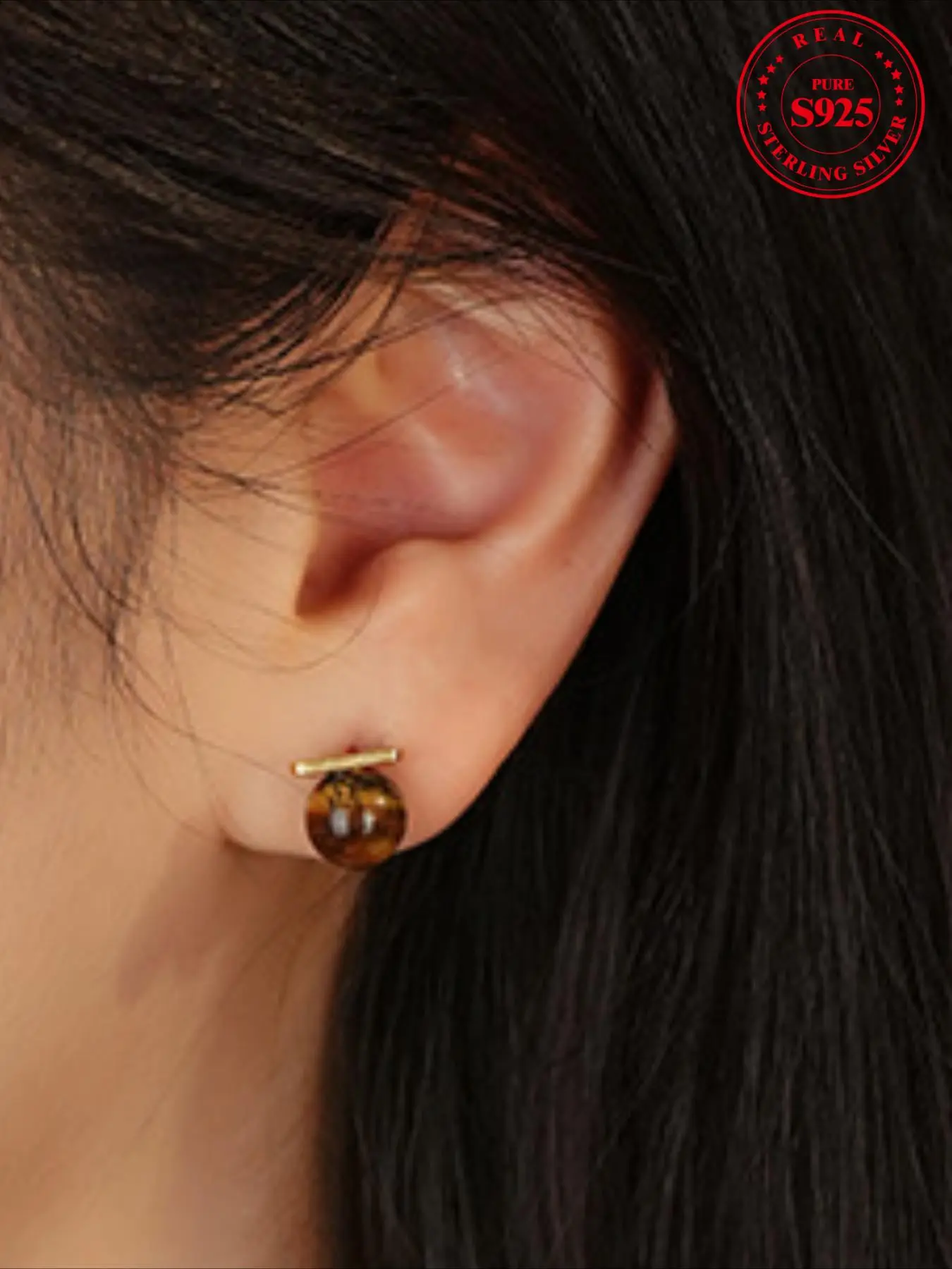 925 Sterling Silver Tiger Eye Decor Stud Earrings, Fashionable Jewelry for Women, Trendy All-match & Exquisite Jewelry for Birthday Gift, Decoration Studs