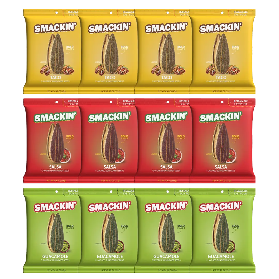 SMACKIN' Sunflower Seeds FIESTA PACK - 12 Resealable 4 OZ Bags of GUACAMOLE, SALSA, and TACO (4 of each)