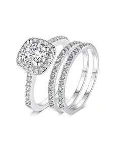 3 Pcs/Set Romantic Cubic Zirconia Ring For Women For Wedding Engagement Anniversary Party Jewelry Valentine's Day Gift Solitaire Stackable Rings