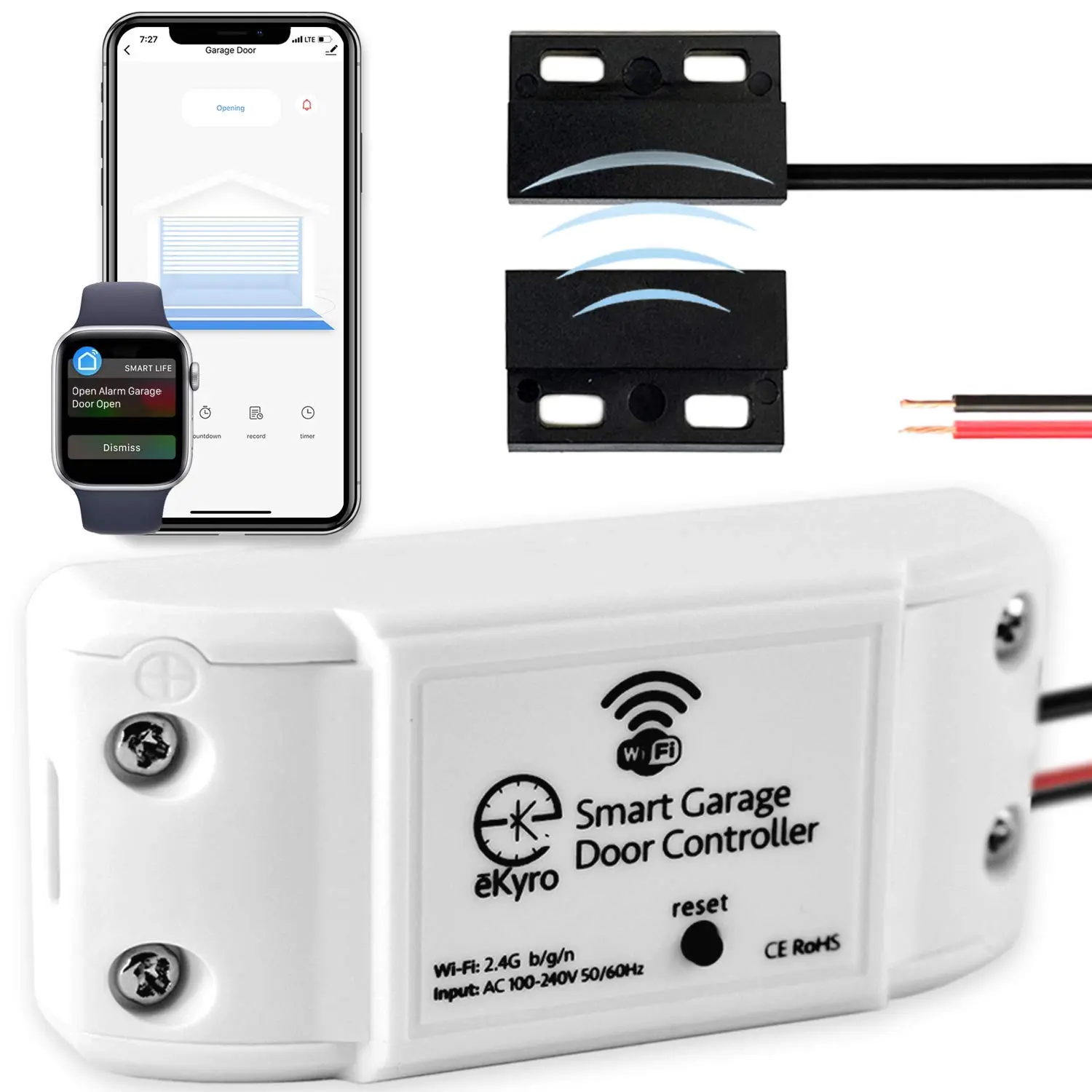 eKyro Updated Automatic Smart Garage Door Opener - Universal Wi-Fi Remote Controller & Universal Adapter, Compatible with Alexa, Google Home, iPhone, Siri, Android, Door Left Open Alert, Home Security Integration, Commercial