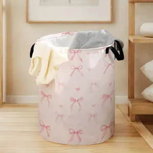 Valentine's Day Bow Print Laundry Basket with Handle, Durable Halloween Foldable Dirty Clothes Storage, Large Capacity Toy Organizer