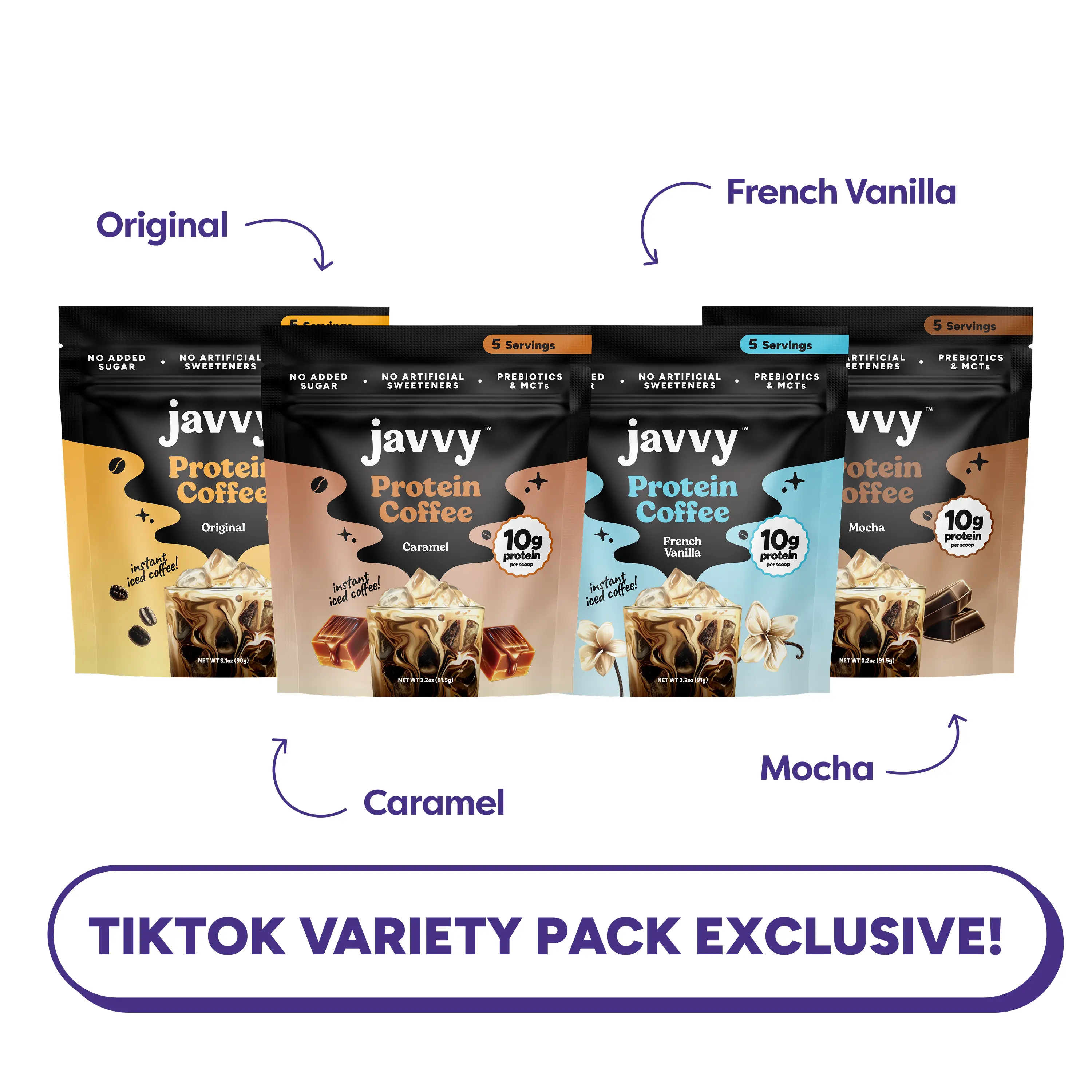 Javvy Protein Coffee Variety Pack, 4 Flavors (Original, Mocha, French Vanilla, Caramel) - Premium Whey Protein Instant Iced Coffee - No Artificial Flavors & Sweeteners, No Added Sugar, 20 Servings