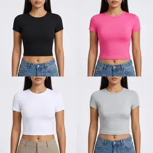 Woman Solid Cotton Crop Tops Short Sleeve High Elastic T-Shirt Soft O-Neck Sporty Tees Summer Street Fashion Female Clothes