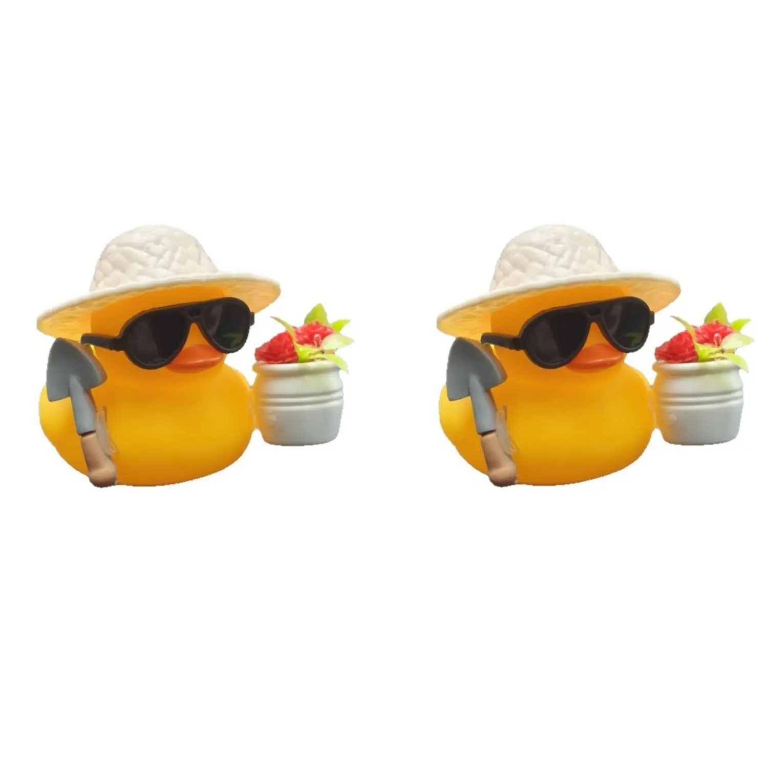 2Pcs Gardening Themed Rubber Duck Ornaments - Small Size Mini Figurines with Straw Hat, Sunglasses, Shovel, Flower Pot Decor, Adhesive Base, Cars Accessories for Car Decorating & Home Tabletop