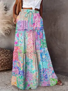 Boho Floral Print A-Line Skirt, High Waist Elastic Waist Tie Front, Summer Beach Dress, Slimming Hidden Pockets, Casual Vacation Style