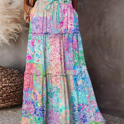 Bohemian Tropical Floral Patchwork Tiered Maxi Skirt, Boho High Waist Elastic with Tie Front, Hidden Pockets, Casual Summer Beach Vacation Wear