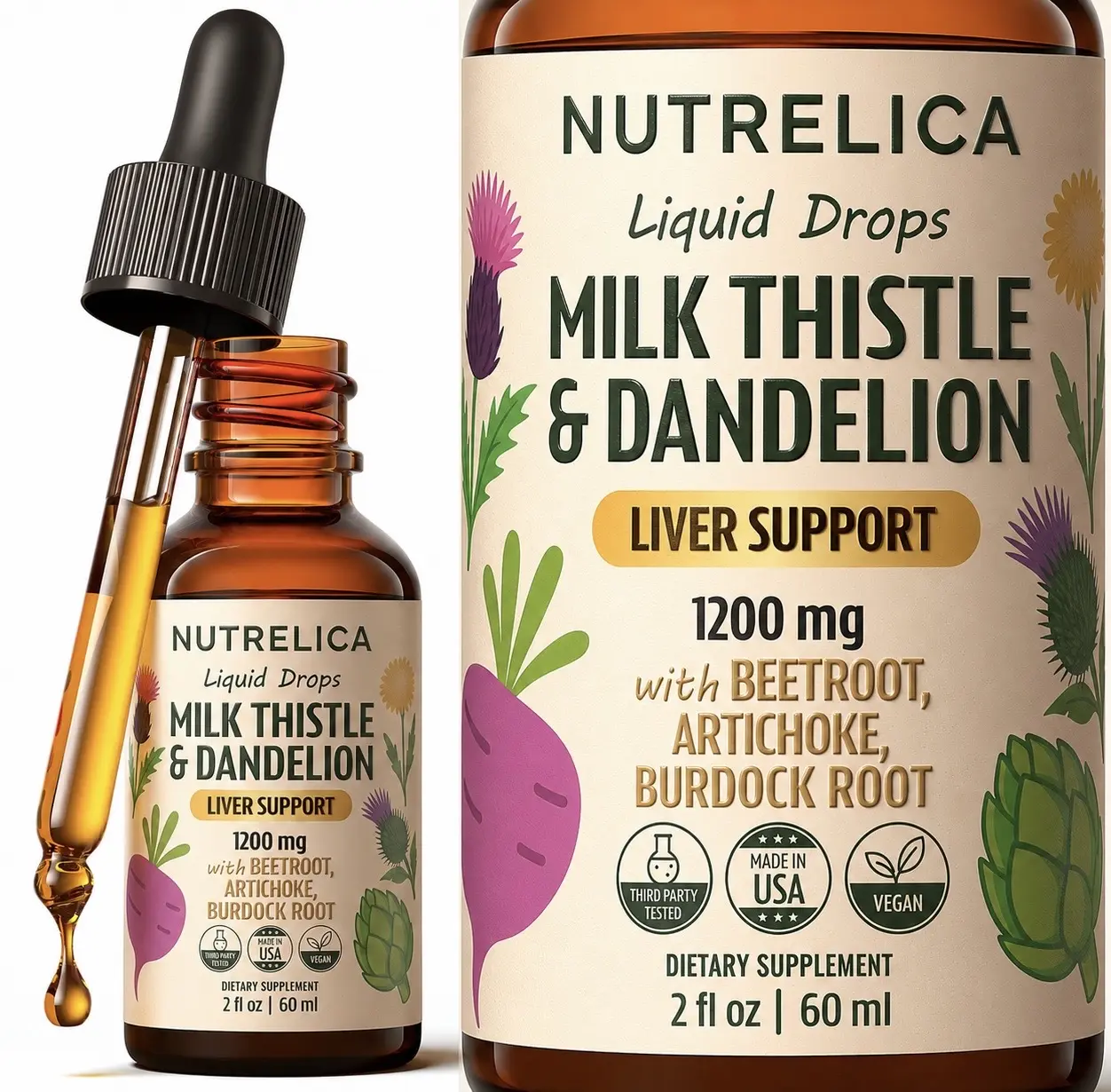 Nutrellica Milk Thistle & Dandelion Liver Support 1200mg Herbal Detox Formula with Beet Root Artichoke Burdock No Sugar Alcohol-Free Vegan Non-GMO Liquid Drops