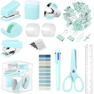 Turquoise Green Mini Office Supplies Set with Sticky Notes, Stapler, Tape Dispenser, Hole Punch, Staple Remover, Clips, Scissor, and Pen - Green