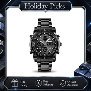 SKMEI Men's 48mm Big-Face Casual Watch - Analog-Digital Dual Display, 30M Waterproof, Stainless Steel Band, Backlight, Stopwatch, Alarm, Day-Date, 12/24H, Triple Time Zones, Rugged Outdoor Digital Quartz Wristwatch for Men's Accessories, Water, Large-Face
