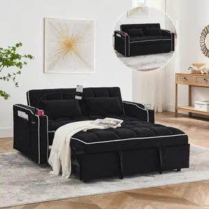 3 in 1 Convertible Sleeper Sofa Bed, Modern Futon Couch Pullout Couches Bed Velvet Pull-Out Bed, Adjustable Back and with USB Port and Ashtray and Swivel Phone Stand, Velvet Black