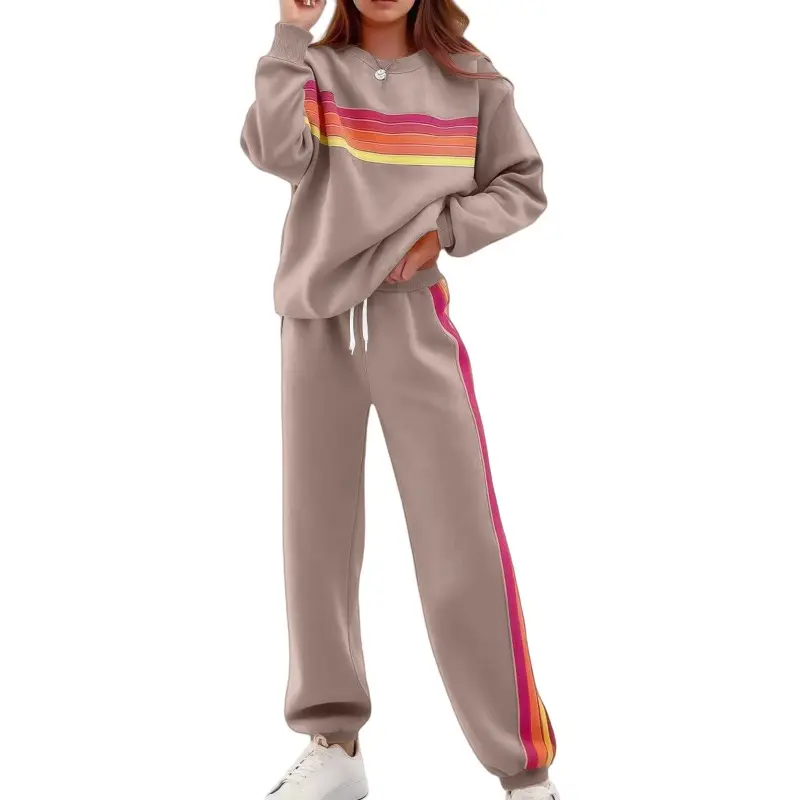 Women's Retro Rainbow Stripe Tracksuit Set Black Long Sleeve Sweatshirt with Horizontal Stripes and Sweatpants with Side Colorful Stripes Cozy Soft Comfy Athleisure Daily Wear Street Style Lounge Outfit