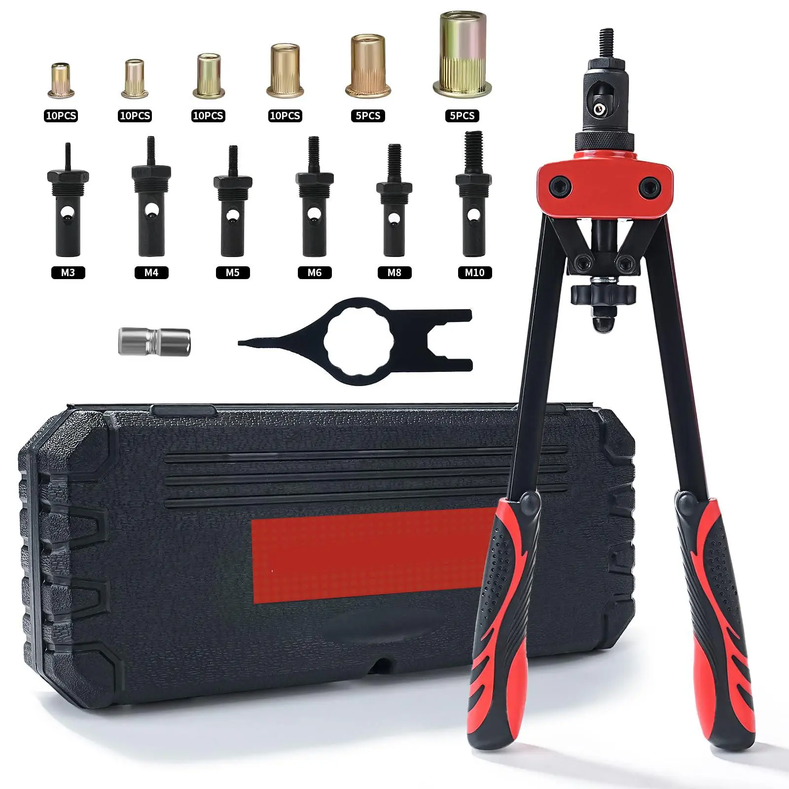 14" Rivet Nut Tool Kit, Professional Rivnut Tool Gun with 6 Metric Mandrels, 125pcs Rivnuts