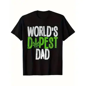 Men's "World's Dopest Dad" Weed Leaf Graphic T-Shirt, Funny Stoner Short-Sleeve Crewneck, Soft Cotton Casual Summer Streetwear, Gifts for Him, Father's Day Gift