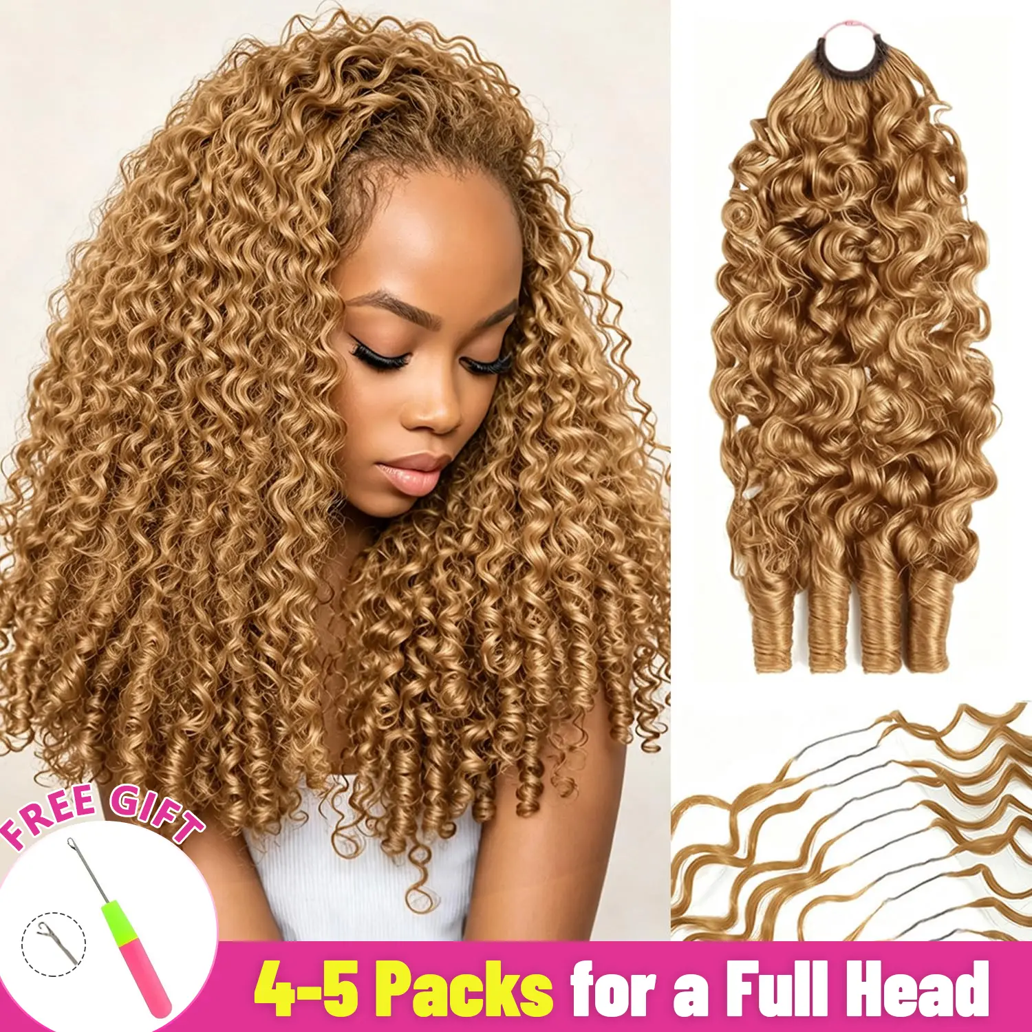 【8 Colors】27# Honey Blonde Burmese Curly Crochet Human Hair Pre-Separated Miracle Knots Crochet Hair for Women Feather Crochet Human Hair, No Tangle Premium Reusable Hair 50g 16 Inch