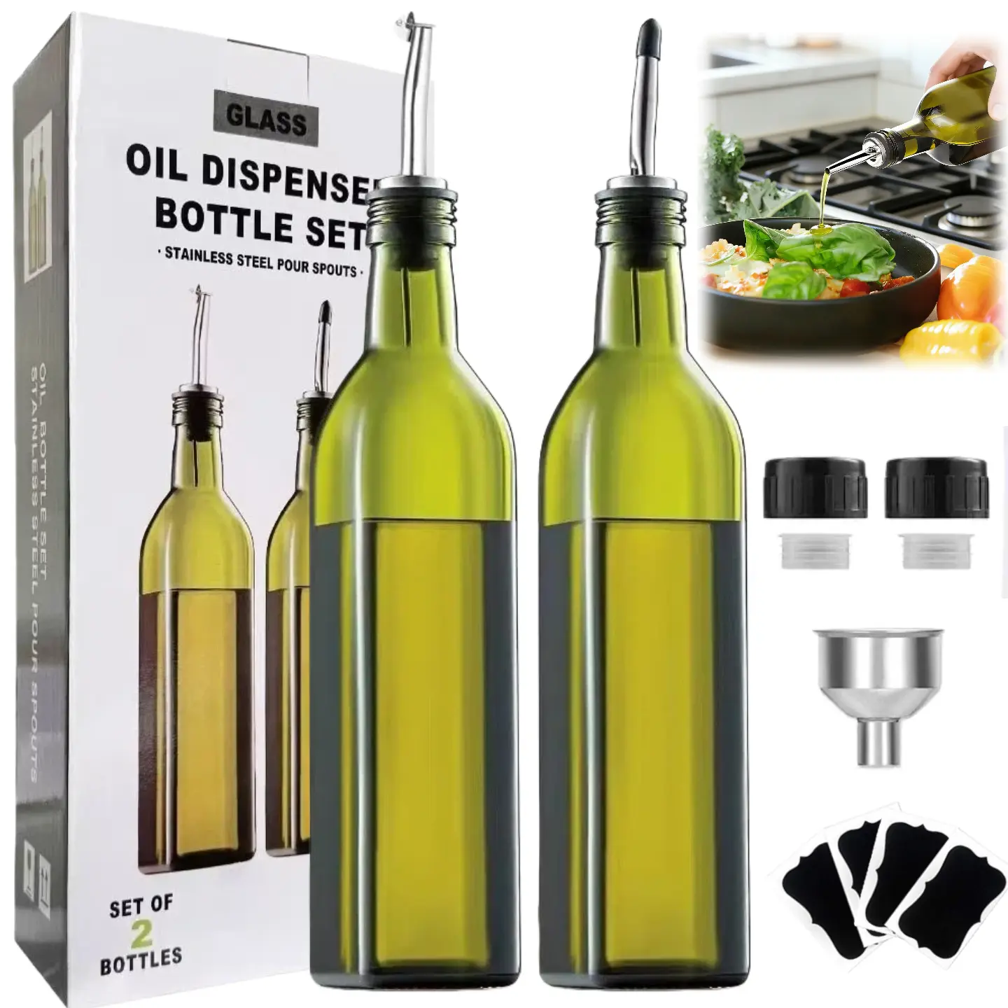 2Pcs/17oz Glass Olive Oil Bottle Dispenser - 500ml Green Oil and Vinegar Cruet with Pourers and Funnel - Olive Oil Carafe Decanter for Kitchen